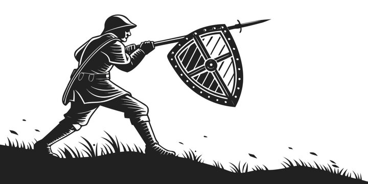 a medieval soldier holding a large shield and spear Vector