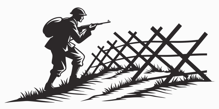 a soldier is crouching behind a wooden fence Vector