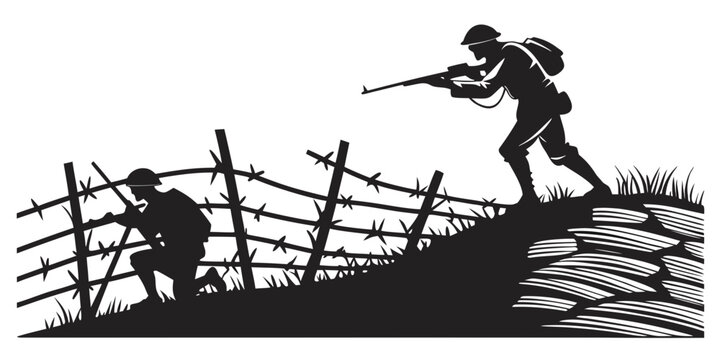 soldiers on patrol in a war zone with fence Vector