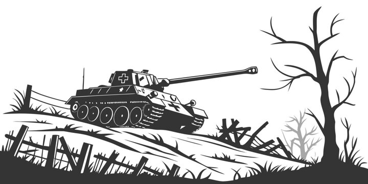 a tank is driving over a hill next to a leafless tree Vector