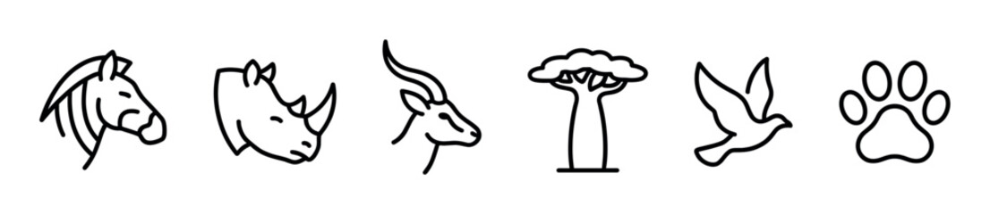 Fototapeta premium Collection of outline icons representing African wildlife and nature, including animals, a tree, and a paw print.