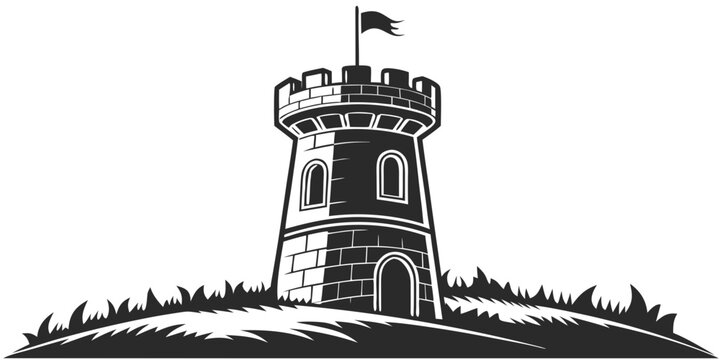 a tall stone tower with a flag on top Vector