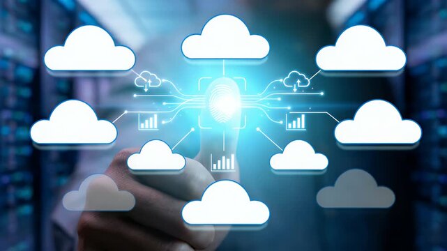 Experience a cinematic exploration of digital security as a hand gestures toward a glowing fingerprint icon, with a slow pan revealing data streams and cloud graphics in a high-tech server environment