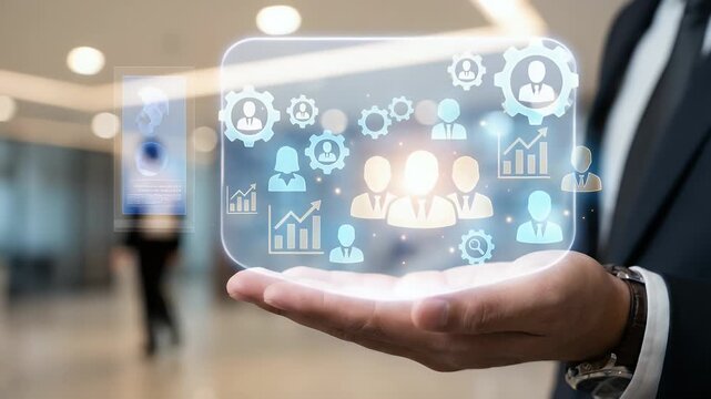 Showcase a business professional's hand presenting dynamic digital icons representing teamwork and analytics, with a steady camera pan through a modern office environment, in a sleek, cinematic style.