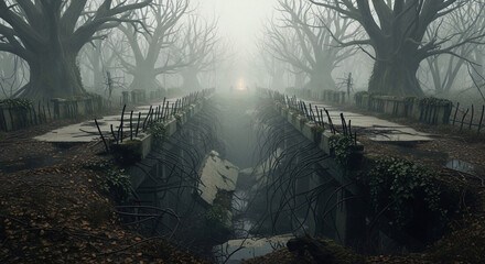 Obraz premium Eerie, mist-shrouded forest path with ancient, gnarled trees framing a desolate, crumbling bridge spanning a dark chasm, leading towards a mysterious distant light