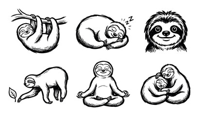 Obraz premium Collection of hand-drawn black and white sloth illustrations depicting various poses and activities in their natural habitat.