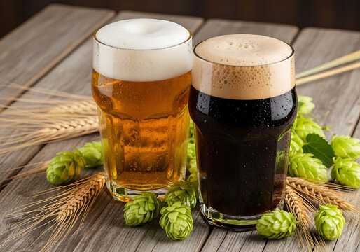 Two glasses of beer, one light and one dark, sit on a wooden surface surrounded by hops and barley.