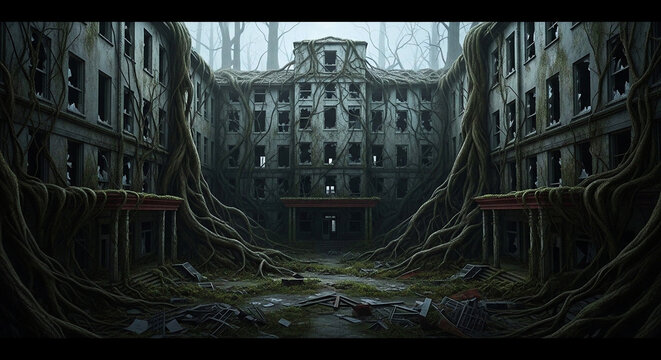 Eerie abandoned gothic asylum swallowed by encroaching nature, its decaying facade intertwined with ancient roots, creating a haunting and mysterious scene of forgotten history and desolation