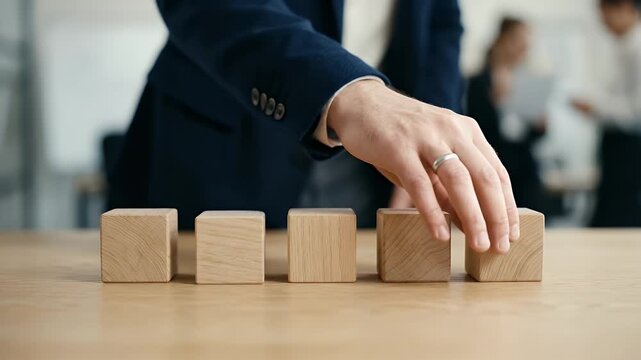 A business professional methodically arranges wooden blocks on a table, accompanied by a slow pan across the workspace, creating a cinematic atmosphere that emphasizes focus and strategy.