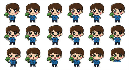 Obraz premium Cute Magic Boy Character Emote Sticker Set, Kawaii Wizard Boy Emoji Pack, Cartoon Fantasy Reaction Icons Vector