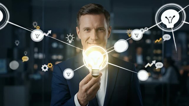 A confident businessman illuminates a light bulb in a modern office, with gentle ambient motion and a slow camera pan, showcasing innovation, creativity, and professional growth in a cinematic style.