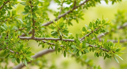 A branch of a shrub is filled with bright green leaves and small, yellow flowers. The background is blurred, showing a soft, green landscape.