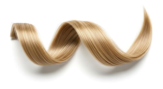 A single strand of blonde hair gracefully curls and swirls against a white background. The hair has subtle highlights and a natural, flowing texture.