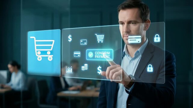 A professional man interacts with a digital payment interface in a modern office setting, featuring a slow pan and ambient light motion, creating a sleek, cinematic atmosphere focused on fintech innov