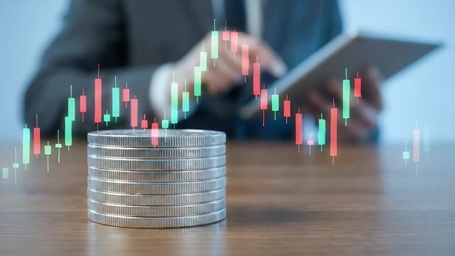 A professional investor analyzes financial data on a tablet, with a slow pan revealing stacked coins and dynamic stock charts in a cinematic style, capturing the essence of market trends and economic 