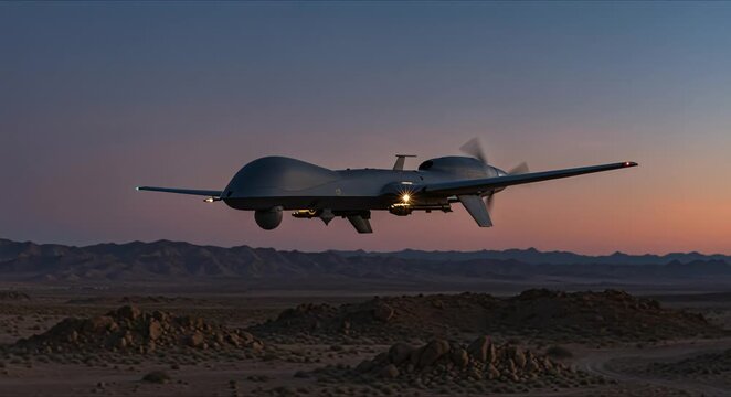 anonymous delta wing suicide drone flying low over rocky desert terrain at dusk