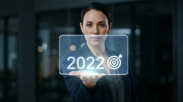 A professional woman confidently presents a glowing 2022 target concept, with a slow tracking camera move and subtle ambient office motion, in a cinematic style that emphasizes achievement and innovat