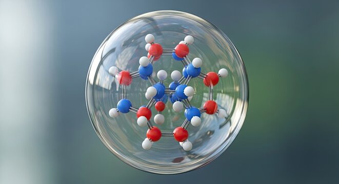 A transparent sphere contains a molecular structure of water. The water molecule is depicted with blue and white spheres, representing oxygen and hydrogen atoms, respectively.