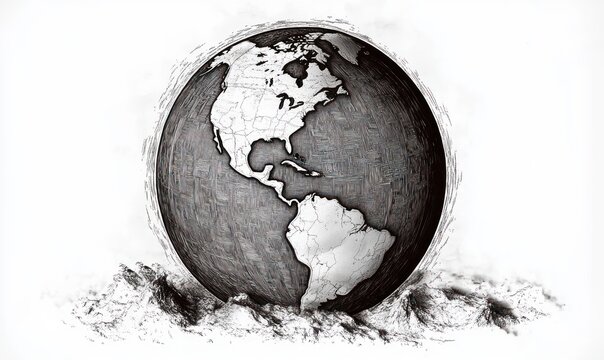 monochrome engraved globe showing north and south america resting on a rocky textured base with contemplative dramatic mood