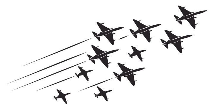 a squadron of fighter jets flying in formation Vector