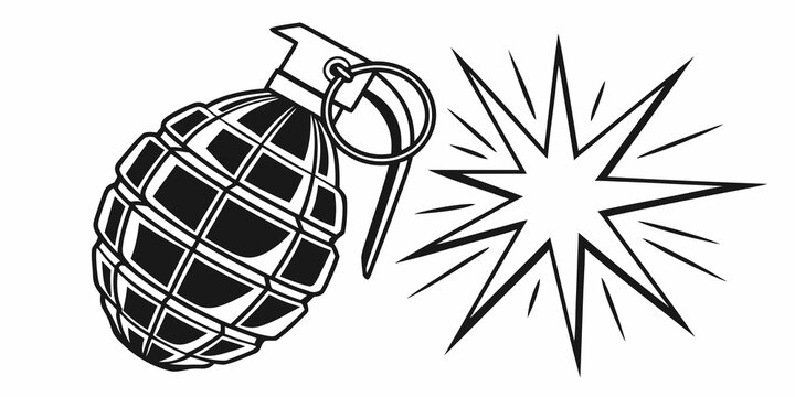 a black and white drawing of a grenade with explosion Vector