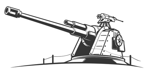 a large naval gun mounted on a battleship Vector © Arisfa
