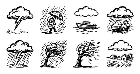 Obraz premium Eight hand-drawn illustrations show different weather phenomena including lightning, rain, wind, and flooding.