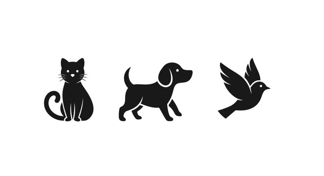 Black animal icons, pet silhouettes, cat dog bird, vector graphics, 3 animal shapes