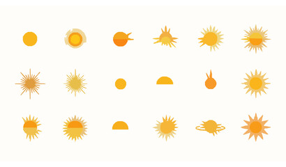 Obraz premium Modern flat sun icon set with bright sunshine weather symbols isolated on white background vector collection