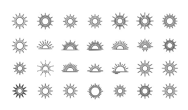 Cute cartoon sun icon set with smiling sunshine characters isolated on white background vector collection