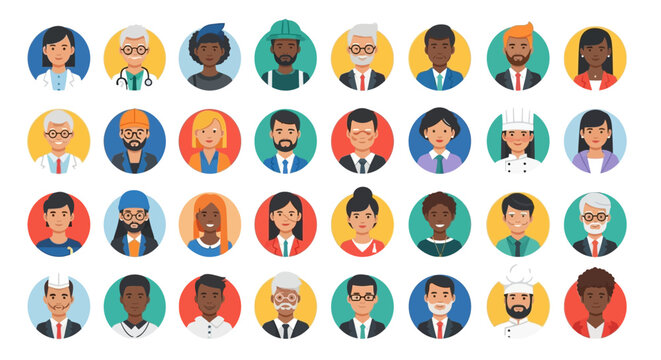 Diverse People Icons, Flat Vector Avatars, Business Portraits, Colorful Human Faces
