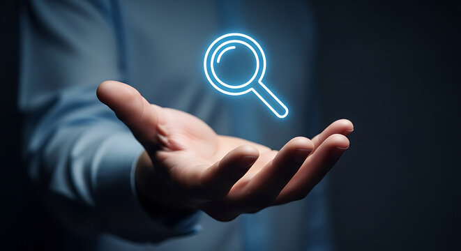 Digital search magnifying glass and data discovery concept
