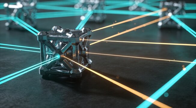 Decentralized Physical Infrastructure Node &ndash; High-Tech Metallic Hub with Glowing Laser Network for Corporate B2B Visualization
