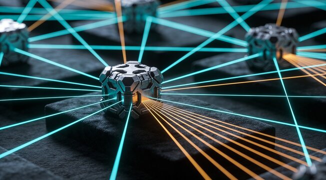 Decentralized Physical Infrastructure Node &ndash; High-Tech Metallic Hub with Glowing Laser Network for Corporate B2B Visualization