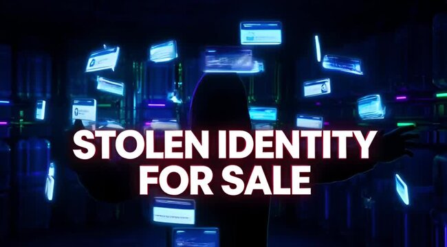 Hooded silhouette in a neon-lit digital space advertising the clandestine trade of stolen identities.