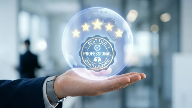 Capture a professional hand presenting a holographic quality assurance badge with gentle ambient motion, complemented by a slow camera pan in a cinematic office setting, highlighting trust and credibi