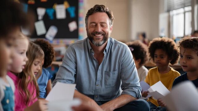 Smiling male teacher sitting with diverse children in a classroom, learning together