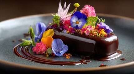 A delectable chocolate dessert with a variety of colorful flowers and a rich chocolate glaze on a dark plate.