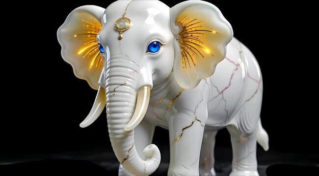 AI Infrastructure Concept: Heavy Elephant Totem in Kintsugi White Porcelain and Jade, Professional 3D Sculpture, Isolated on Black, 4K Stable VFX Render