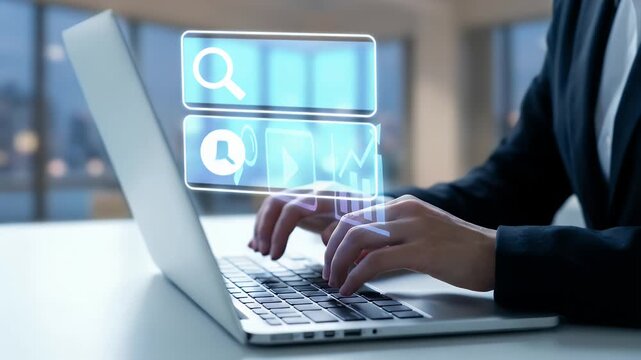 Capture the dynamic scene of a professional analyzing data on a laptop, featuring gentle ambient motion as holographic icons appear, with a steady tracking shot for a modern, cinematic feel.