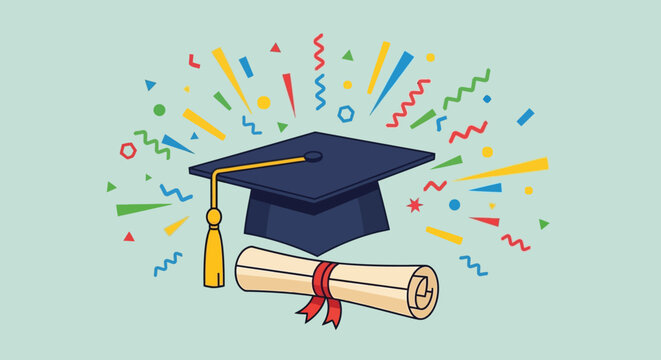 Graduation cap and scroll icon vector
