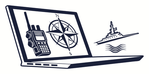 laptop with walkie talkie compass and warship on screen Vector © Rumi
