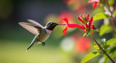 Fototapeta premium A hummingbird hovers in mid-air, delicately feeding on a vibrant red flower. The bird’s iridescent green feathers shimmer in the sunlight, and its red throat patch is prominently displayed.