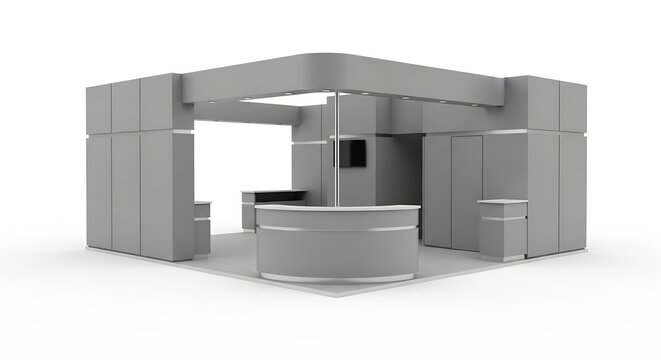 Sleek Gray 3D Rendered Exhibition Stand for Modern Trade Shows and Corporate Events - Professional Empty Presentation Booth Isolated on White