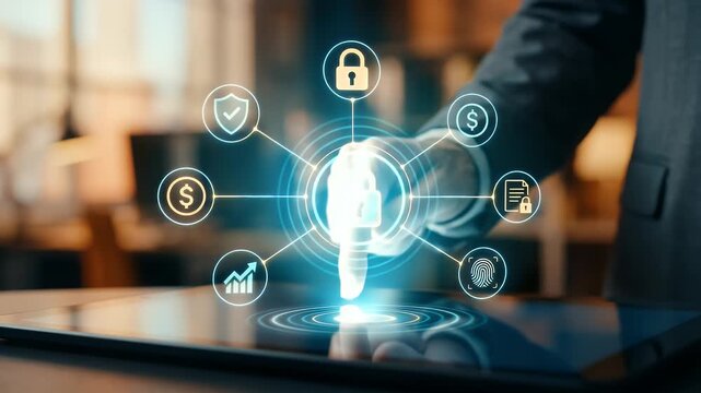 Explore the dynamic interaction with digital security icons as a business professional's finger selects options on a tablet, featuring a cinematic slow pan to enhance the tech-savvy atmosphere.