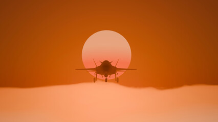 Stealth fighter jet is flying over sea of fog at sunset (3D Rendering)
