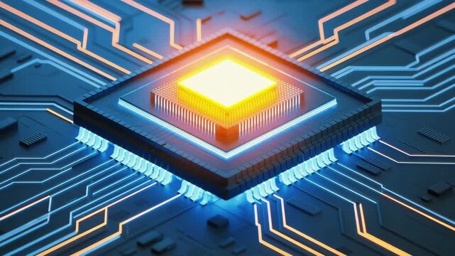 4k cinematic footage of glowing microprocessor chip on circuit board with futuristic lighting.