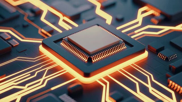 4k cinematic close-up of glowing cpu chip with digital circuit board motion background.