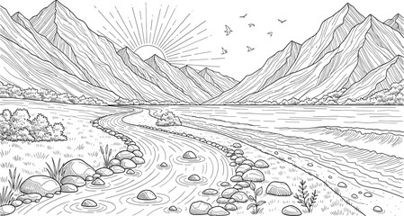 Fototapeta premium Hand drawn mountain valley landscape with river sunrise birds and rocky terrain in vintage sketch style isolated on white backgroundHand drawn mountain valley landscape with river sunrise birds and ro