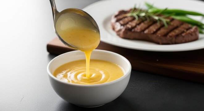 A ladle pouring a rich yellow sauce into a white bowl on a table with a plate of grilled steak